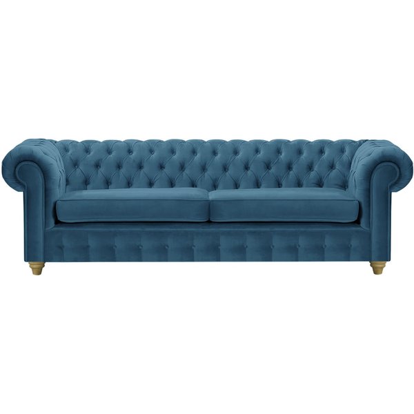 Canapé trois places Chesterfield Max, bleu - Velluto 11, Couleur des pieds: Noir wax