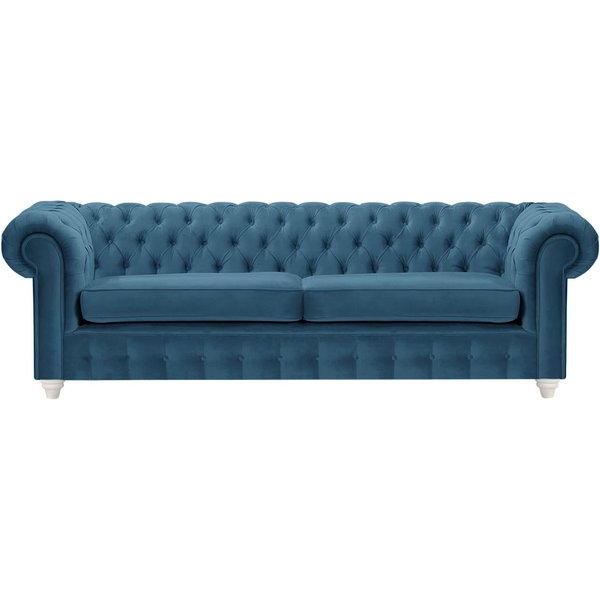 Canapé trois places Chesterfield Max, bleu - Velluto 11, Couleur des pieds: Blanc