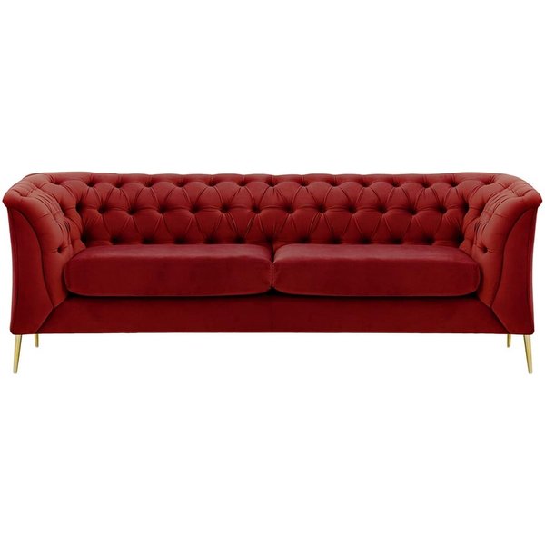 Canapé 2,5 places Chesterfield Modern, rouge - Velluto 7, Couleur des pieds: Métal doré