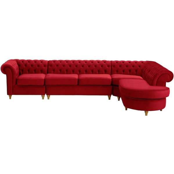 Chesterfield - Canapé d’angle droit modulaire., rouge - Velluto 7, Couleur des pieds: Chêne clair