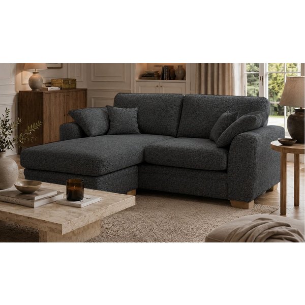 Ronay – canapé d’angle universel, Mid Boucle Charcoal - gris foncé, Couleur des pieds: Chêne clair