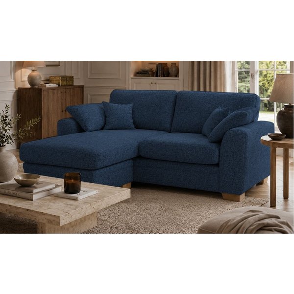 Ronay – canapé d’angle universel, Mid Boucle Dark Navy - bleu marine, Couleur des pieds: Chêne clair