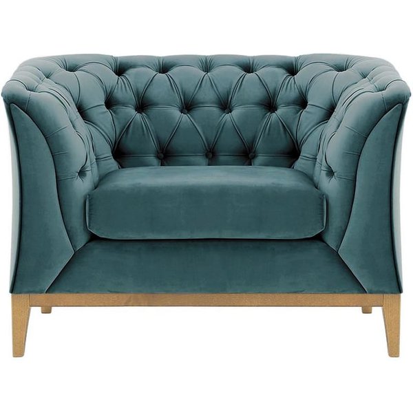 Fauteuil Chesterfield Modern Wood, bleu - Velluto 12, Couleur des pieds: Chêne clair