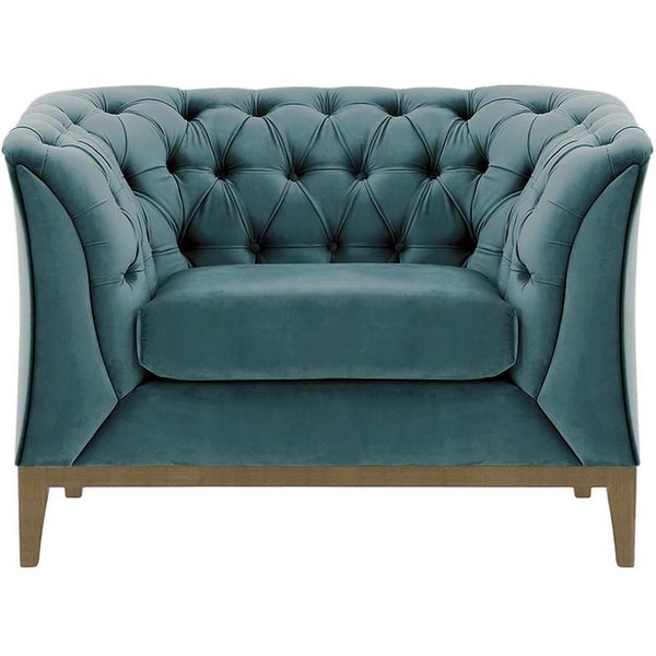 Fauteuil Chesterfield Modern Wood, bleu - Velluto 12, Couleur des pieds: Noir wax