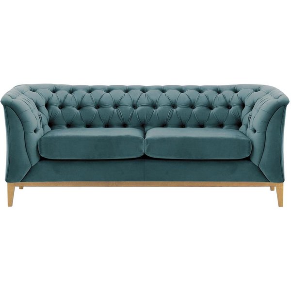 Canapé deux places Chesterfield Modern Wood, bleu - Velluto 12, Couleur des pieds: Chêne clair