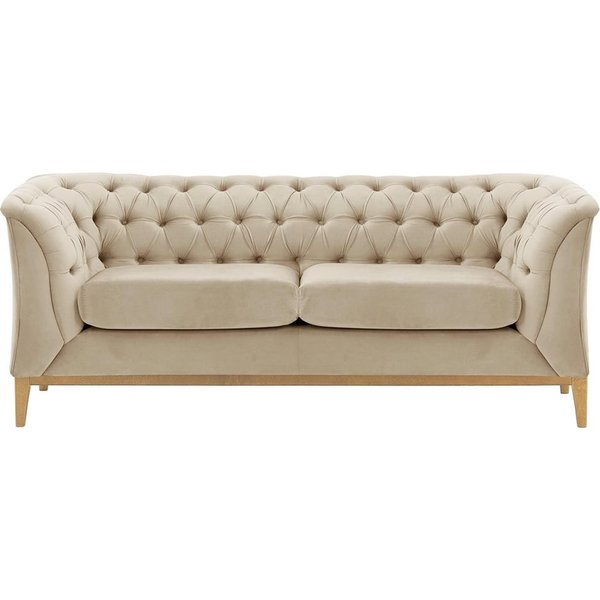 Canapé deux places Chesterfield Modern Wood, beige clair - Velluto 2, Couleur des pieds: Chêne clair