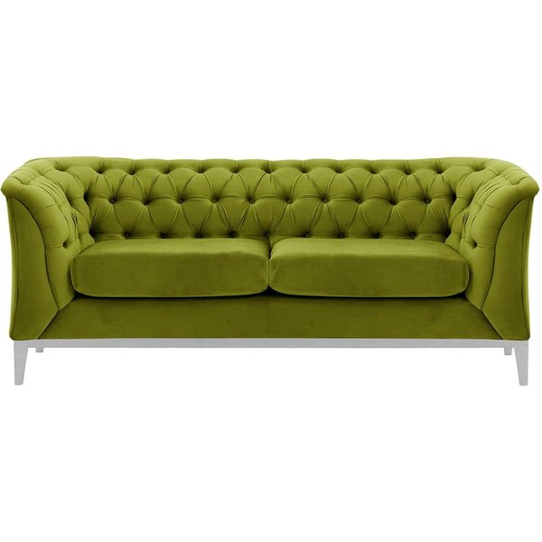 Canapé deux places Chesterfield Modern Wood, olive - Velluto 9, Couleur des pieds: Blanc