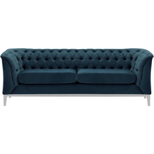 Canapé 2,5 places Chesterfield Modern Wood, bleu - Velluto 11, Couleur des pieds: Blanc