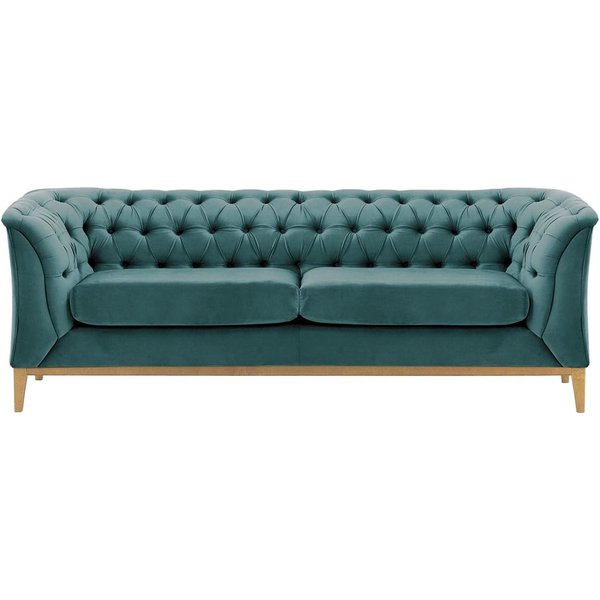 Canapé 2,5 places Chesterfield Modern Wood, bleu - Velluto 12, Couleur des pieds: Chêne clair