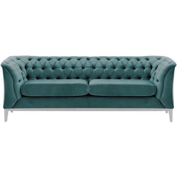 Canapé 2,5 places Chesterfield Modern Wood, bleu - Velluto 12, Couleur des pieds: Blanc