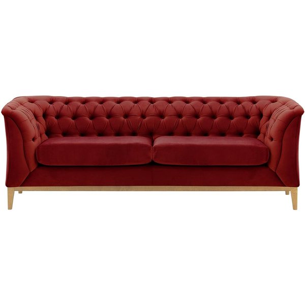 Canapé 2,5 places Chesterfield Modern Wood, rouge - Velluto 7, Couleur des pieds: Chêne clair