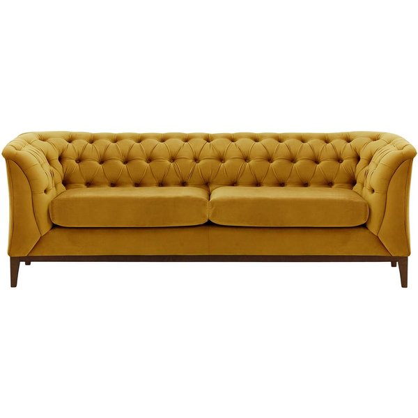 Canapé 2,5 places Chesterfield Modern Wood, moutarde - Velluto 8, Couleur des pieds: Chêne foncé