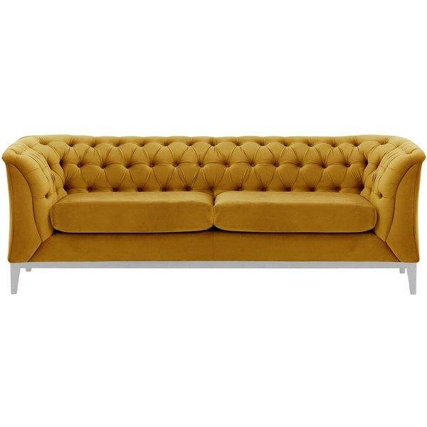 Canapé 2,5 places Chesterfield Modern Wood, moutarde - Velluto 8, Couleur des pieds: Blanc