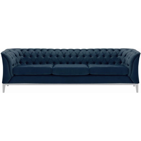 Canapé trois places Chesterfield Modern Wood, bleu - Velluto 11, Couleur des pieds: Blanc