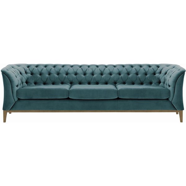 Canapé trois places Chesterfield Modern Wood, bleu - Velluto 12, Couleur des pieds: Noir wax