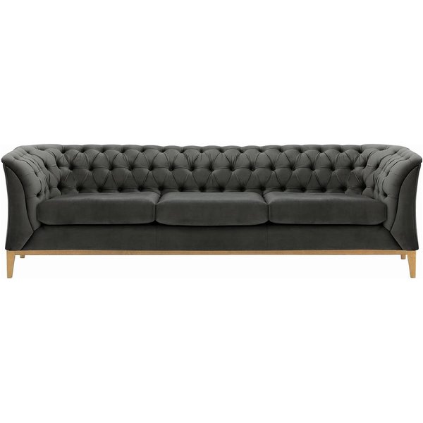 Canapé trois places Chesterfield Modern Wood, graphite - Velluto 19, Couleur des pieds: Chêne clair