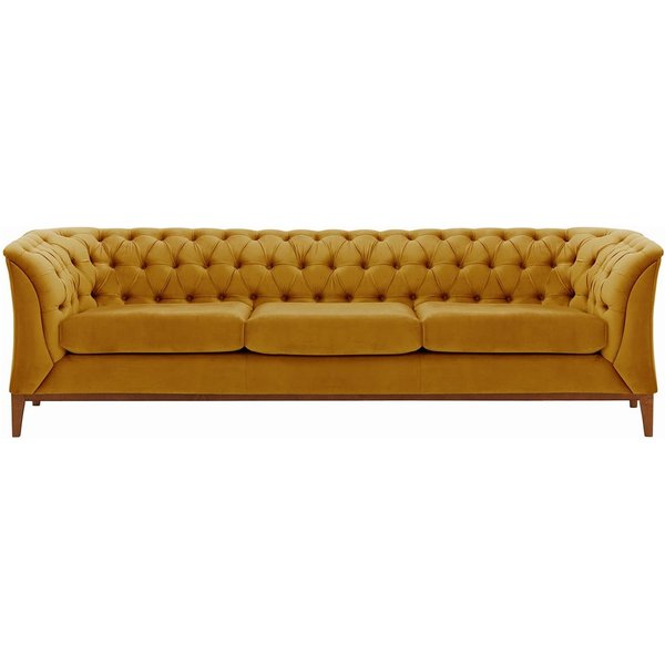 Canapé trois places Chesterfield Modern Wood, moutarde - Velluto 8, Couleur des pieds: aveo