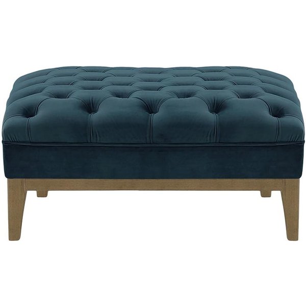 Pouf Chesterfield Modern Wood, bleu - Velluto 11, Couleur des pieds: Noir wax