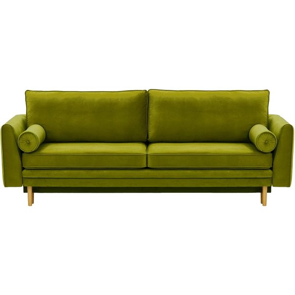 Canapé convertible avec coffre de rangement Cornelia, olive - Velluto 9, Couleur des pieds: Chêne clair