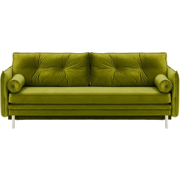 Canapé Darnet avec fonction couchage avec coffre de rangement, olive - Velluto 9, Couleur des pieds: Blanc