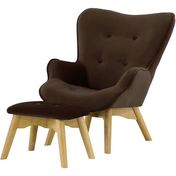 Fauteuil à oreilles pour enfants avec repose-pied Ducan Mini Velvet, marron - Kronos 6, Couleur des pieds: Chêne clair