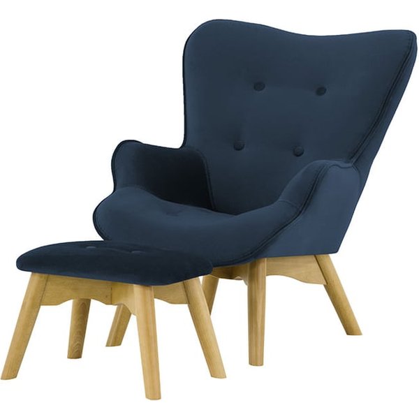 Fauteuil à oreilles pour enfants avec repose-pied Ducan Mini Velvet, bleu foncé - Kronos 9, Couleur des pieds: Chêne clair
