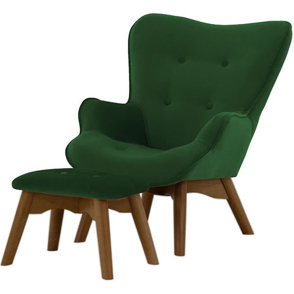 Fauteuil à oreilles pour enfants avec repose-pied Ducan Mini Velvet, vert bouteille - Kronos 14, Couleur des pieds: Chêne foncé
