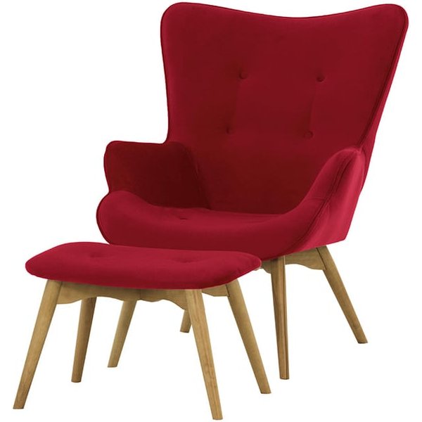 Fauteuil à oreilles avec repose-pied Ducan Velvet, rouge foncé - Kronos 2, Couleur des pieds: Chêne clair