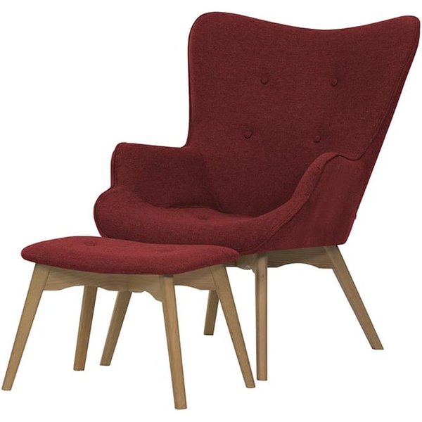 Fauteuil à oreilles avec repose-pied Ducan Malmo, bordeaux - Malmo 63, Couleur des pieds: Chêne clair