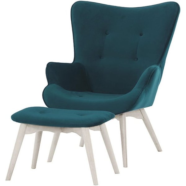 Fauteuil à oreilles avec repose-pied Ducan Velvet, bleu foncé - Kronos 9, Couleur des pieds: Blanc