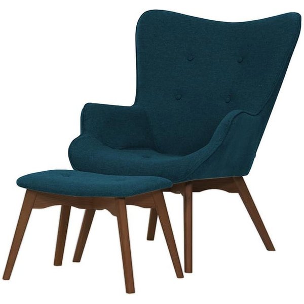 Fauteuil à oreilles avec repose-pied Ducan Malmo, bleu foncé - Malmo 81, Couleur des pieds: Chêne foncé
