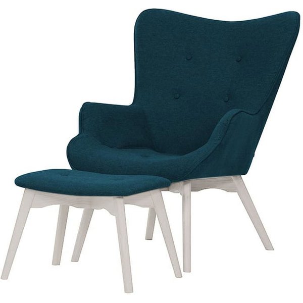 Fauteuil à oreilles avec repose-pied Ducan Malmo, bleu foncé - Malmo 81, Couleur des pieds: Blanc