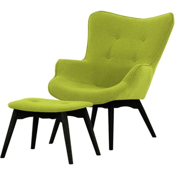 Fauteuil à oreilles avec repose-pied Ducan Ontario, vert citron - Baku 7, Couleur des pieds: Noir