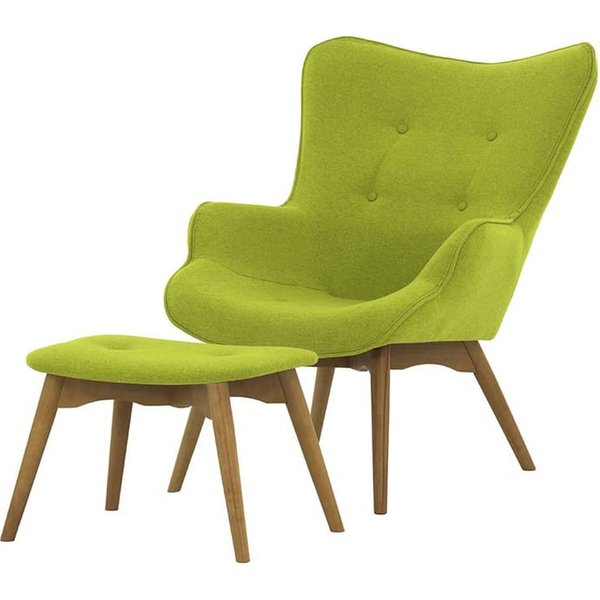 Fauteuil à oreilles avec repose-pied Ducan Ontario, vert citron - Baku 7, Couleur des pieds: Chêne clair