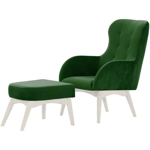 Fauteuil à oreilles avec repose-pied Hollis, vert foncé - Velluto 10, Couleur des pieds: Blanc