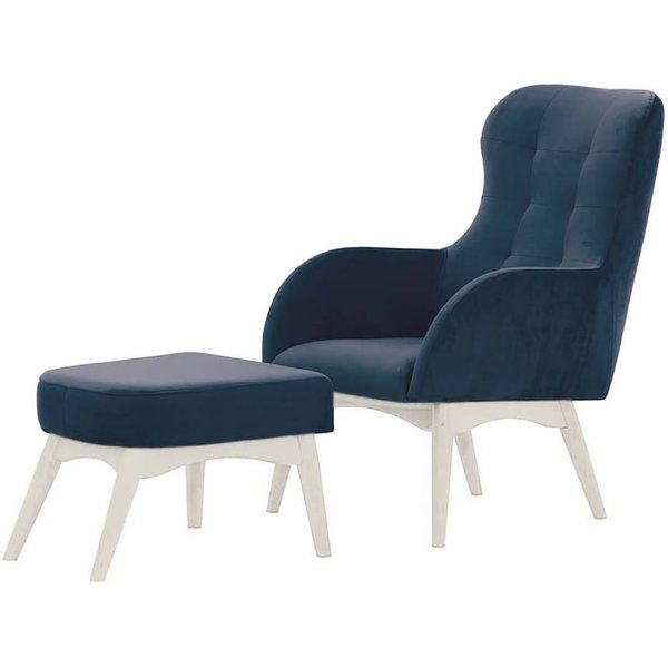 Fauteuil à oreilles avec repose-pied Hollis, bleu - Velluto 11, Couleur des pieds: Blanc
