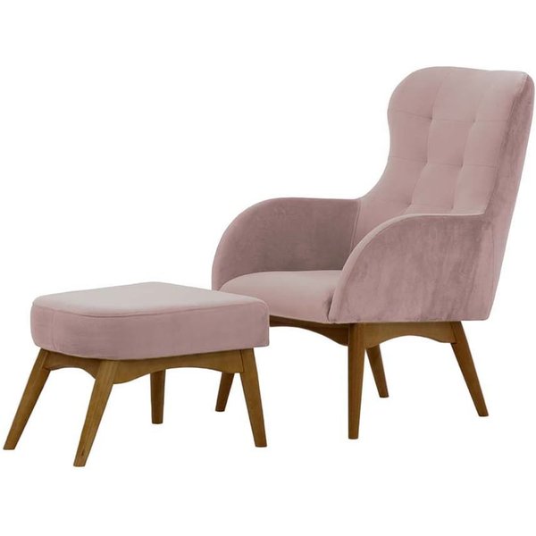 Fauteuil à oreilles avec repose-pied Hollis, lila/rose - Velluto 14, Couleur des pieds: Chêne foncé