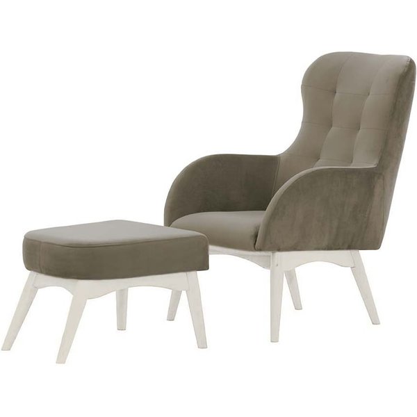 Fauteuil à oreilles avec repose-pied Hollis, gris éléphant - Velluto 17, Couleur des pieds: Blanc