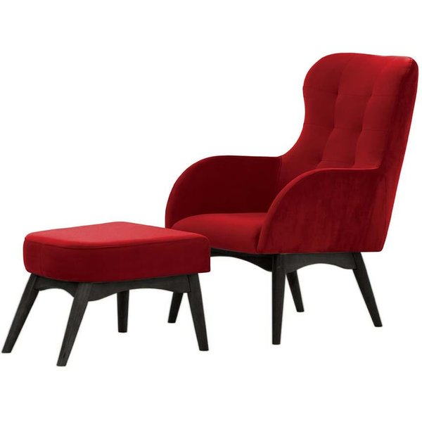 Fauteuil à oreilles avec repose-pied Hollis, rouge - Velluto 7, Couleur des pieds: Noir