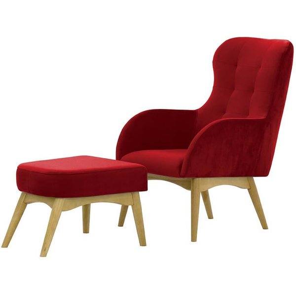 Fauteuil à oreilles avec repose-pied Hollis, rouge - Velluto 7, Couleur des pieds: Chêne clair