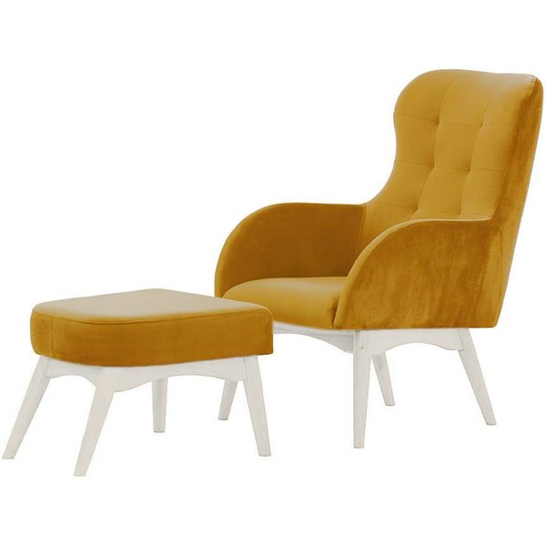 Fauteuil à oreilles avec repose-pied Hollis, moutarde - Velluto 8, Couleur des pieds: Blanc