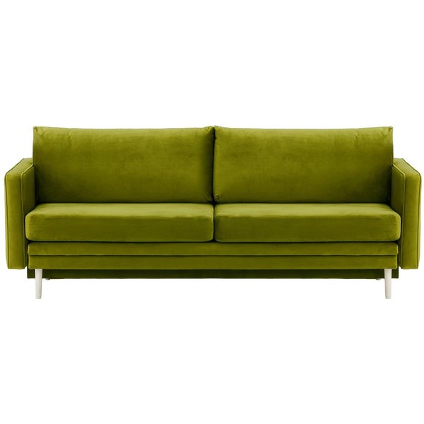Canapé Lioni avec fonction lit avec coffre de rangement, olive - Velluto 9, Couleur des pieds: Blanc