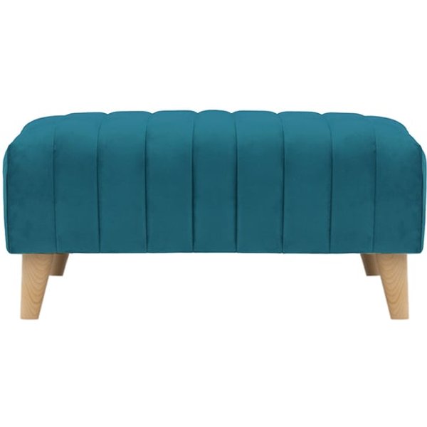 Petit pouf avec des coutures Mary, Velluto 36 - Bleu paon, Couleur des pieds: Chêne clair