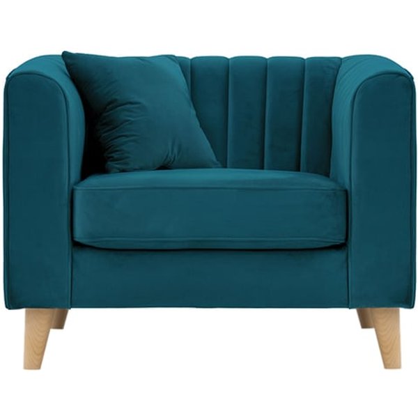 Fauteuil Mary, Velluto 36 - Bleu paon, Couleur des pieds: Chêne clair