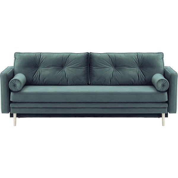 Canapé convertible Mossa avec coffre de rangement, bleu - Velluto 12, Couleur des pieds: Blanc