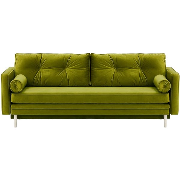 Canapé convertible Mossa avec coffre de rangement, olive - Velluto 9, Couleur des pieds: Blanc