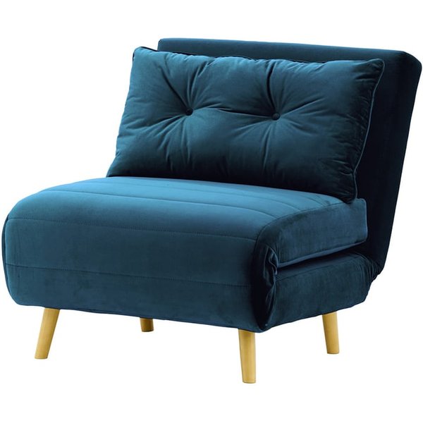 Fauteuil convertible Flic - large de 77 cm, bleu - Velluto 11, Couleur des pieds: Chêne clair