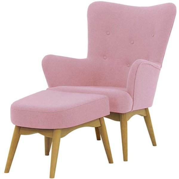 Fauteuil à oreilles avec repose-pied Savano, Violet - Baku 16, Couleur des pieds: Chêne clair