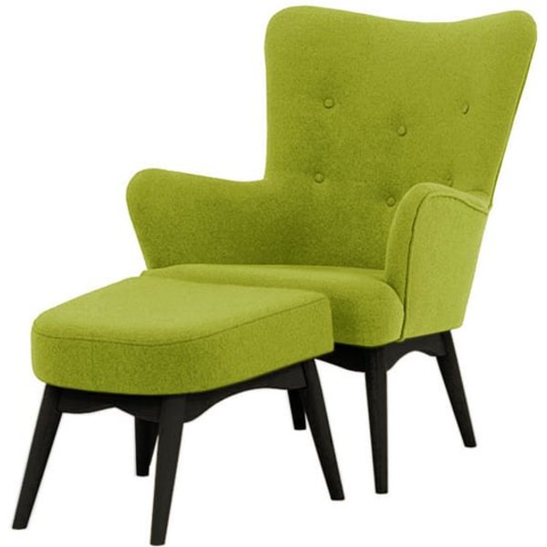 Fauteuil à oreilles avec repose-pied Savano, vert citron - Baku 7, Couleur des pieds: Noir