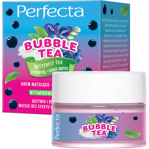 Perfecta Bubble Tea Butterfly Tea matująco-regenerujący krem do twarzy z erytrytolem, dzikim indygo, cynkiem PCA, ceramidami, CICA, masłem shea i peptydem 50 ml